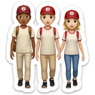 iOS emoji style. 2 adult friends and a young teenager wearing a baseball hat walking and talking.  sticker