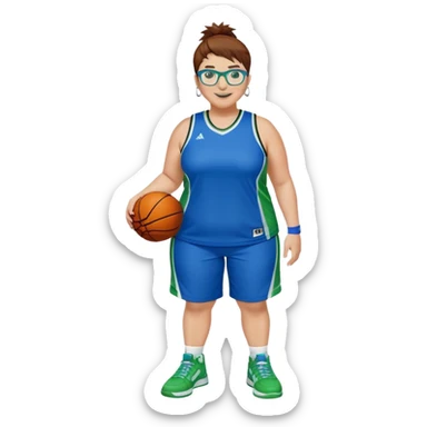 Full Body plus size white female basketball player with short medium brown hair with carmel highlights spikey hair wearing blue glasses 
 wide nose wearing blue green uniform  green sneakers smiling wearing silver hoop earrings sticker