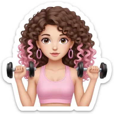 cute balayage brunette long hair curly/wavy haired girl, hoop earrings, clean girl makeup DOING EXERCISE with weights with a cute pastel pink set sticker
