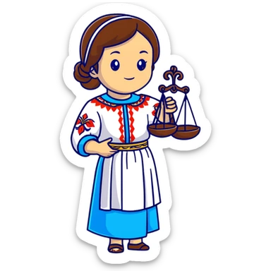 Ukrainian girl with brown hair wearing a traditional embroidered vyshyvanka shirt, holding scales of justice in her hand sticker