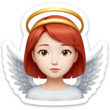 Asian angel girl with short red hair, oval face, and halo sticker
