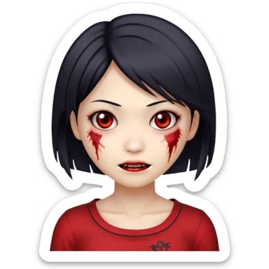 sweet Asian zombie girl emoji, Ada Wong style hair, pale skin, stitched cheek, mischievous grin sticker