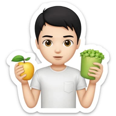 generate a pretty bratz emoji of a boy with black hair wearing a white tshirt and holding a cT sticker