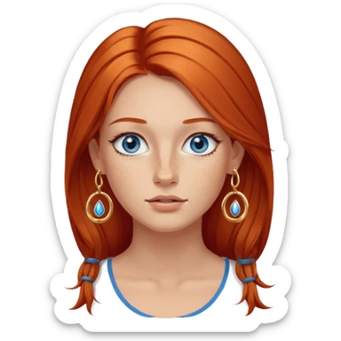 Attractive Greek woman with a wide face, freckles, Long straight amber-red hair and gold hoop earrings and blue eyes sticker