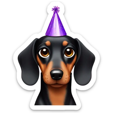 Black and tan dachshund wearing a party hat sticker