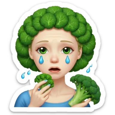 Woman crying eating broccoli. make tears blue color sticker