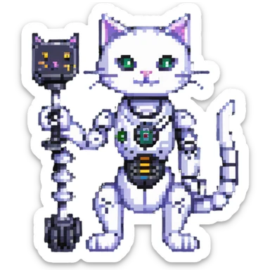 pixel art cat with a robotic arm, retro gaming vibe sticker