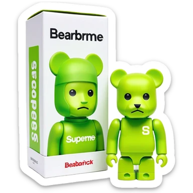 geometric bearbrick figurine with cube-shaped head, lime green balaclava with Supreme box logo on it, expressive eyebrows visible, toy design sticker