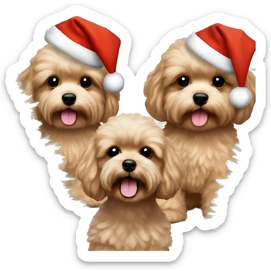 One Brown, beige colored Maltipoo with Christmas hat and Christmas tree Christmas lights and two humans, a brown haired boy and blond long haired girl in the background  sticker