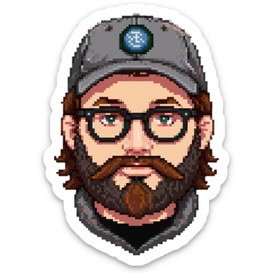 adventurer with beard, glasses and backwards baseball cap sticker