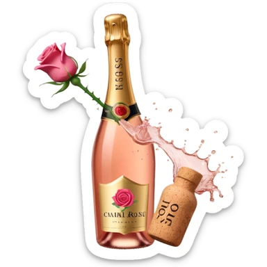 bottle of sparkling rosé champagne with a rose logo on the label, with the cork exploding out from the top, tilted up and to the left, no glass sticker