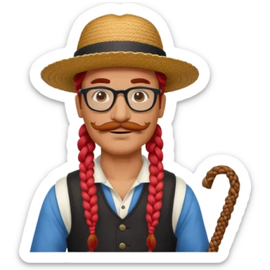 venice gondolier with long red braided hair, iconic hat, normal glassess and mustache sticker