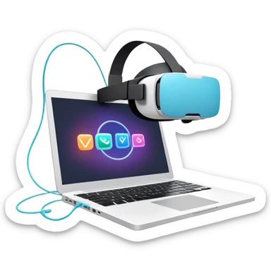 VR headset connected by a wire to a laptop. On the laptop screen, a VR/AR modeling program is open. Floating 3D models or virtual objects. Modern, tech-inspired colors. No emojis or smiley faces. Transparent background. sticker