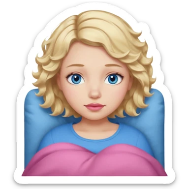 Girl Blonde short wavy hair,  blue eyes, cute blue top, long lashes, pink lips, sleeping sticker