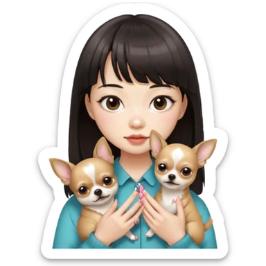 a pretty Asian girl, with hair bangs, pale skin, with manicure holding a chihuahua in her, with the face of "i dont give a fuck" sticker