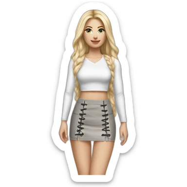 hyperrealistic caucasian female, long straight blonde hair, white lace up crop top and grey tight mini skirt sticker