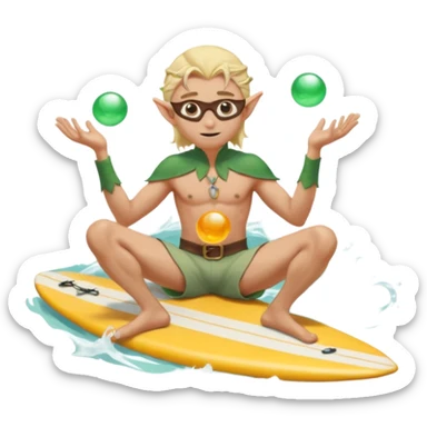 elf male legolas sitting on surfboard (ashore), hands manipulating two orbs of swirling seawater giving a "massage" to his own shoulders, wearing relaxed linen shorts over swimwear, tinted elven sunglasses, pointy ears, content expression, centered emoji sticker