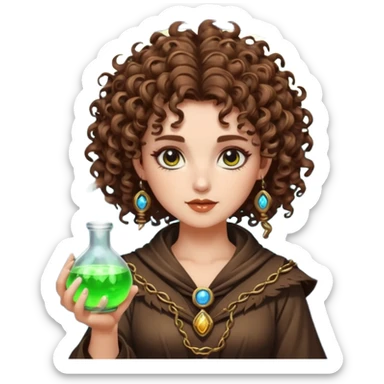 moon punk druid woman short tight curly brown hair glowing potion sticker