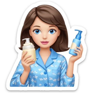 Barbie girl with makeup, blue eyes , and bob long haircut wavy, short brown hair in creamy color pajamas, face cream in hand sticker
