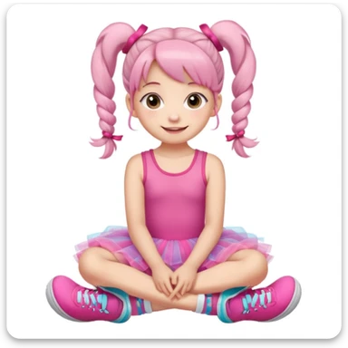 A cute young girl with pigtails sits on the floor, wearing a pink tutu dress and colorful sneakers. She has large, expressive eyes and a cheerful smile, resting her chin on her hands. The background is a soft, neutral color that enhances her playful demeanor. sticker