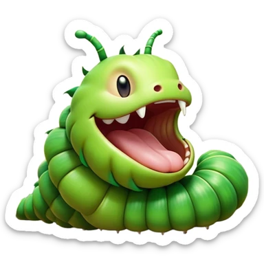 Cinematic Realistic Cute Yawning Caterpillar Portrait Emoji, Head tilted slightly with a dramatic, wide-open yawn, showcasing a soft, downy segmented body in vivid green with subtle drooping and half-closed, drowsy eyes, rendered with intricate natural texture and gentle shadows, high shine, relaxed yet expressive, styled with a dash of woodland charm, soft glowing outline, capturing the essence of a sleepy yet affectionate caterpillar that appears ready to stretch out and rest among the leaves! sticker