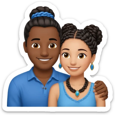 smiling embracing interracial couple from waihair in a bunn in a bunst up. dark ebony woman with long braided hair and jewelry. brazillian man short hair wearing blue. sticker