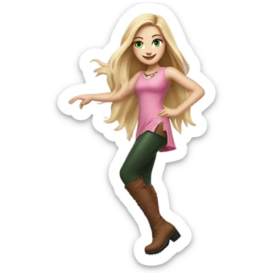 Realistic White girl with Long straight blonde hair, green eyes, tattoos, full body wearing pink dress and Brown knee-high leather boots, dancing sticker