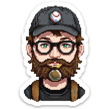adventurer with beard, glasses and backwards baseball cap sticker