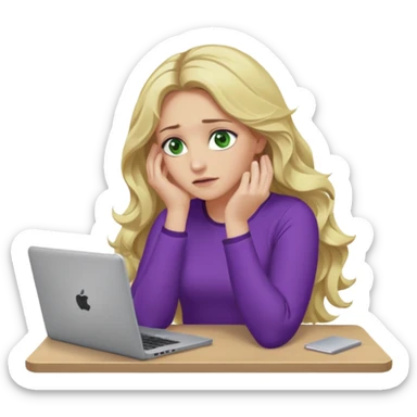 lady with long blonde wavy hair, purple top, green eyes,one elbow one desk hand on face with a laptop looking defeated sticker