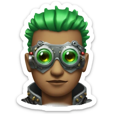 Male cyborg with thin red Mohawk and green steampunk goggles sticker