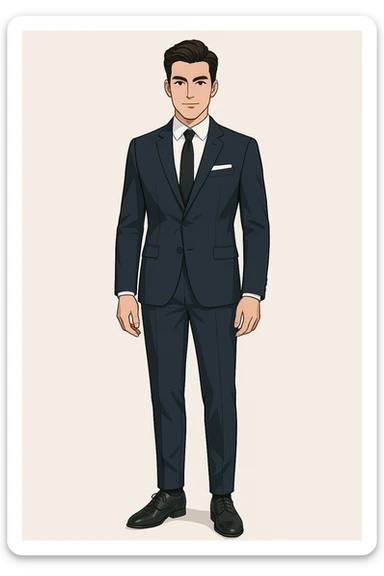 Full-body illustration of a young man with an elegant hairstyle and confident expression, wearing a fitted navy blue suit, white shirt, black tie, and pocket square. He is standing straight with arms relaxed and positioned naturally along his sides. Clean background, modern business look, sharp lines, consistent lighting, matching the previous visual style and character identity. sticker
