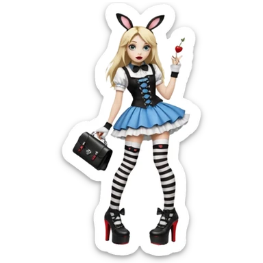  3d rendering,  ultra detailed, Alice in wonderland modern style in a punk gothic style outfit, stripped knee high socks, gothic platform heels, long blonde hair, eyeliner, red lipstick, falling through rabbit hole,  transparent background
 sticker