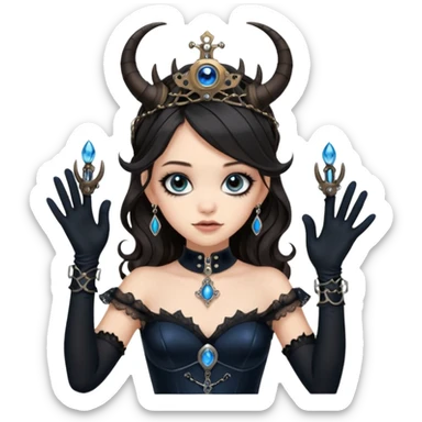 Slim fitting seductive dress Holed and worn Lavish black evening gown with see-through wispy black gloves, holding pose Jenna Ortega as student Addams woman wearing a steampunk style mini tiara, very large blue evil-looking horned old evil eyes  sticker