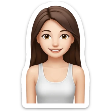 a pretty bratz fair girl with straight brunette long hair, middle partition. wearing a white thin strap trap tank top, smiling, wearing light makeup. very pretty. sticker