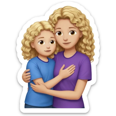 a mother with blond curly long wearing purple hugging his son with brown hair wearing blue and like saying its okay sticker