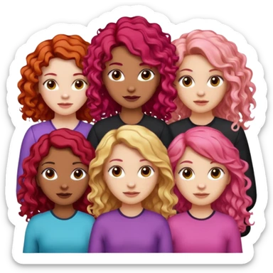 5 girlsone curly redhead, one with brunette dyed blonde hair, one long haired wavy brunette, one mid-length haired brunette, and one black haired girl with partially dyed bright red/pink hair sticker