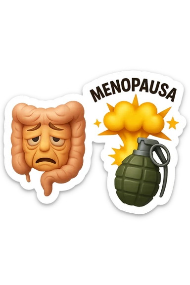 EMOJI STILE IPHONE 3D DI INTESTINO ANZIANO CON RUGHE SFINITO CON ESPRESSIONE STANCA, ACCANTO A LUI SCOPPIA UNA GRANATA 3D CON LA SCRITTA "MENOPAUSA" SOPRA sticker