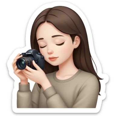 beautiful pale brunette girl taking photos with canon camera eyes closed  sticker
