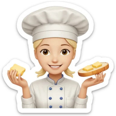 Young female baker - white chef hat, spreading butter on bread sticker