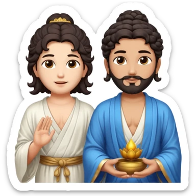 Create a Jesus - long wavy dark-brown hair, short beard, wearing a simple white robe., Krishna- blue skin with dark curled hair , and Buddha standing together. Buddha: warm golden or light tan skin, dark curled hair with a traditional top bun (ushnisha)

 sticker