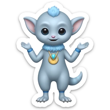 full body ...cute peacefull alien furry with 2 legs ....it has 1 eye....stands upright and looks intelligent ...wears clothing. is light grey and light blue..looks happy and cuddly... doesnt have eyes on face, there is a appendage coming from top of head with a single large eye sticker
