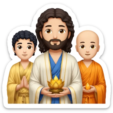 Create a Jesus, Krishna, and Buddha standing together. Jesus: long wavy dark-brown hair, short beard, wearing a simple white robe. 

 sticker