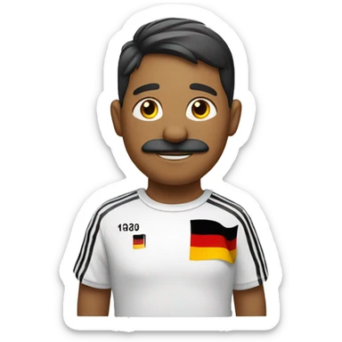 Guy standing at 45 degree angle with German flag on his shirt with his arm diagonally up and he has a mustashe sticker