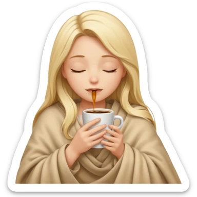 Blonde girl long hair inside a beige blanket sipping coffee eyes closed sticker