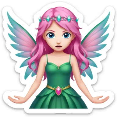 Blue eyed long pink hair, pink wing fairy in green dress: anger sticker