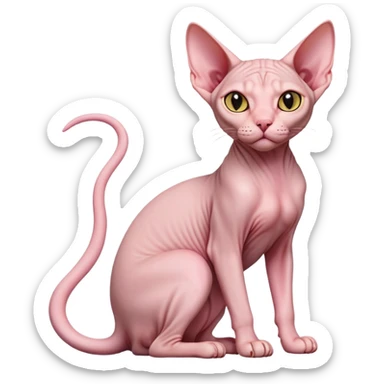 cinematic-[sphynx cat]-realistic-full-body-sitting-emoji,-tail-curled-playfully-around-its-paws,-head-tilted-dramatically,-sleek-[pink]-skin,-simplified-yet-realistic-focused-features,-highly-detailed,-glowing-with-an-almost-sarcastic-glow sticker