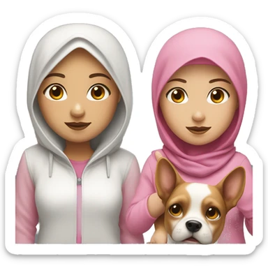 White hijab girl, white skin color, with a pink hoodie, holding a dog sticker