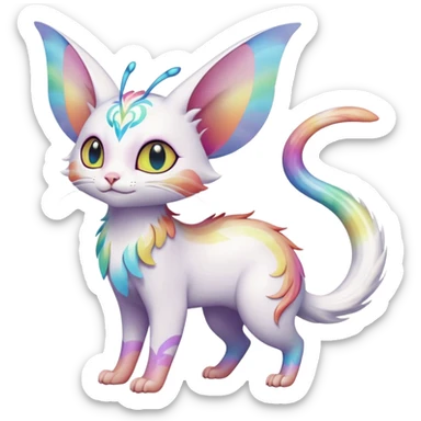 Jumping-Pure-snow-White albino iridescent with pastel rainbow-gradients-color-markings with swirly patterns butterflies  faerie-Noivern-Noibat-Purloin-Torracat-Lykoi-Caracal-cat-Fakemon-fusion-hybrid-creature- sticker