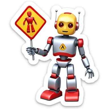 friendly robot with a helping hand and a warning sign representing an AI agent for reporting child abuse sticker