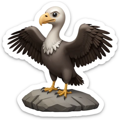 a vulture — large bird with dark brown feathers, bald WHİTE head, curved beak and sharp eyes — standing proudly on a rock — wings slightly open — realistic yet cute cartoon emoji look, clean lighting, soft shadows. sticker